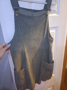 Waffle Knit Overall Dress in Olive Green